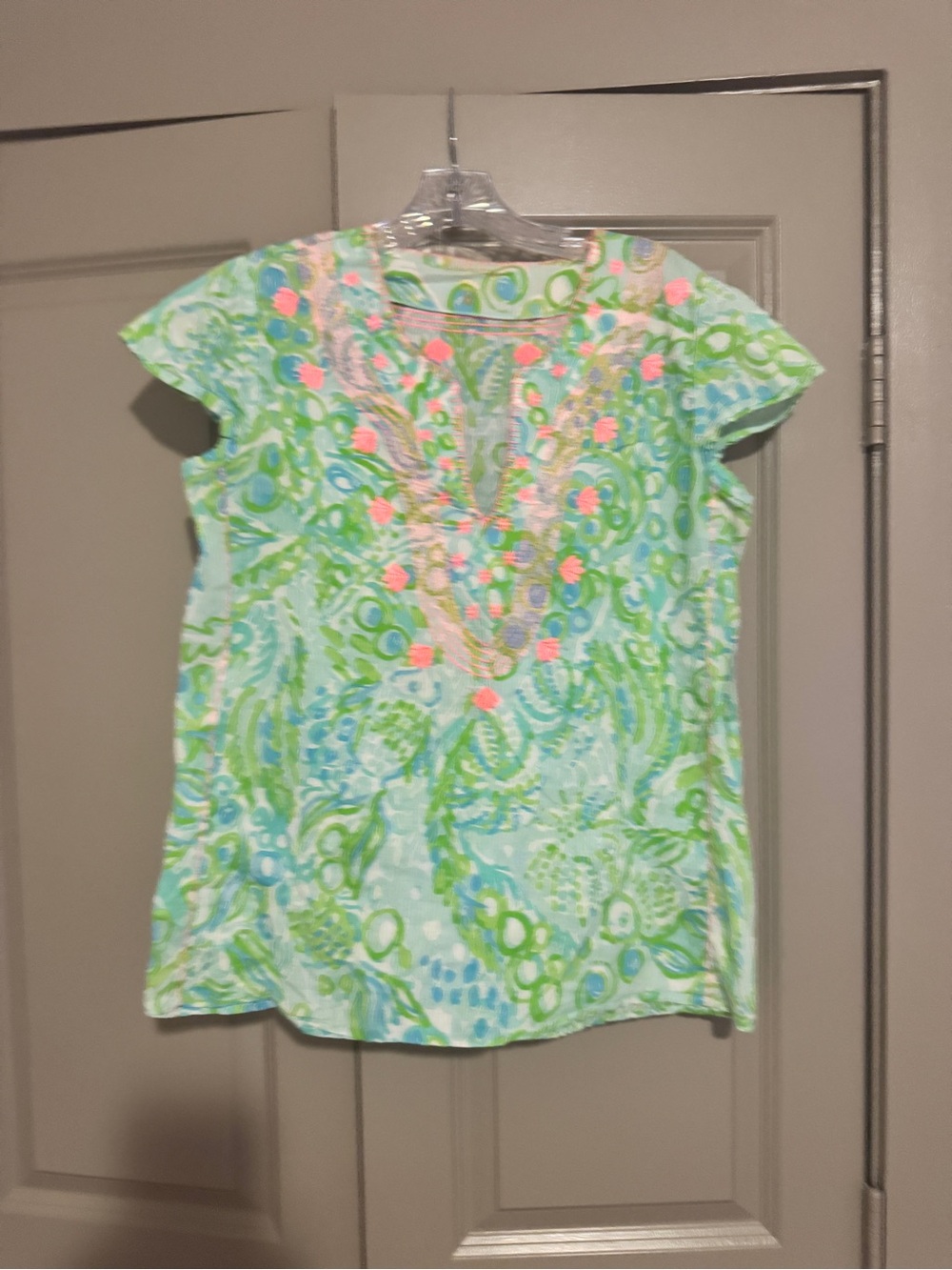Lilly Pulitzer Green & Pink Embroidered Short-Sleeve Tunic